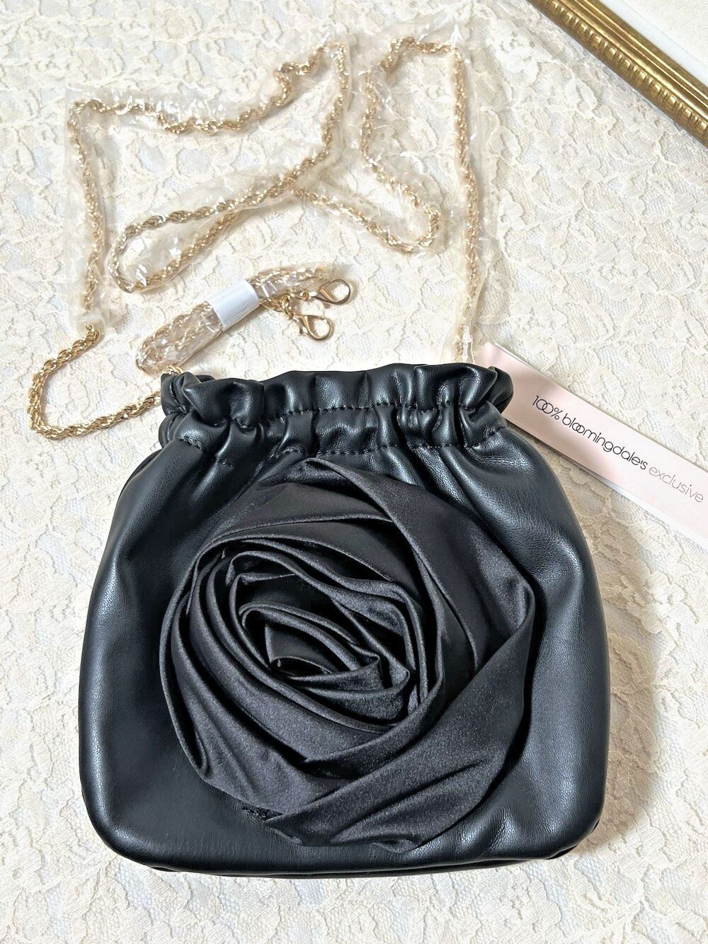 NWT Aqua Bloomingdale’s Black Rose Bucket Purse Vegan Leather Magnet Old Glamour